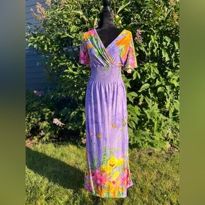 Retro sun dress flutter sleeves smocked waist butterfly floral pattern neon